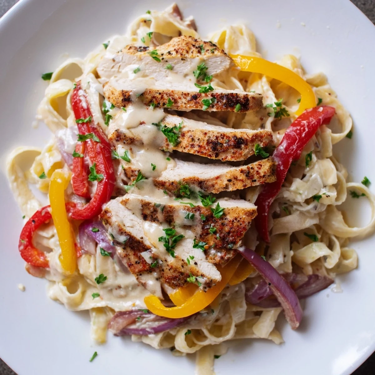 Tender Cajun chicken slices resting on creamy fettuccine pasta, topped with sautéed red and yellow bell peppers and fresh parsley garnish.