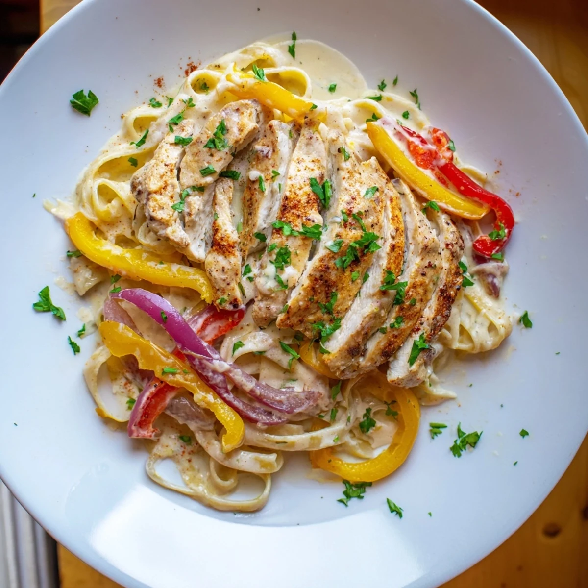 A hearty skillet of Cajun Chicken Pasta with Creamy Sauce, featuring golden-seared chicken and vibrant vegetables tossed in a rich Parmesan sauce.