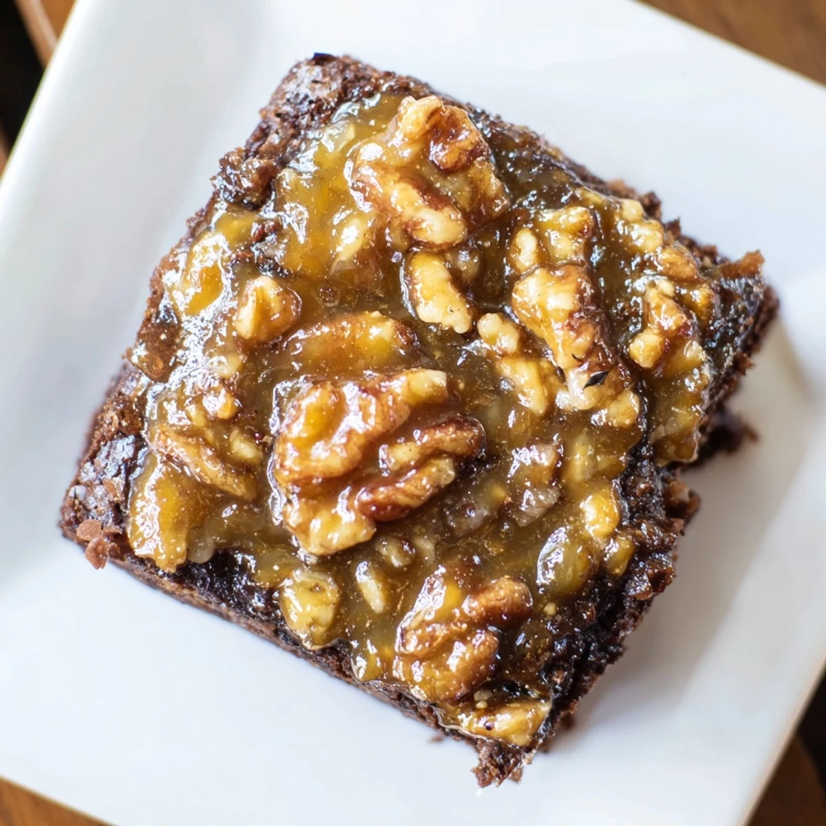 Freshly baked New Orleans Praline Brownies with pecans topped with a glossy, buttery praline glaze on a rustic wooden table.  