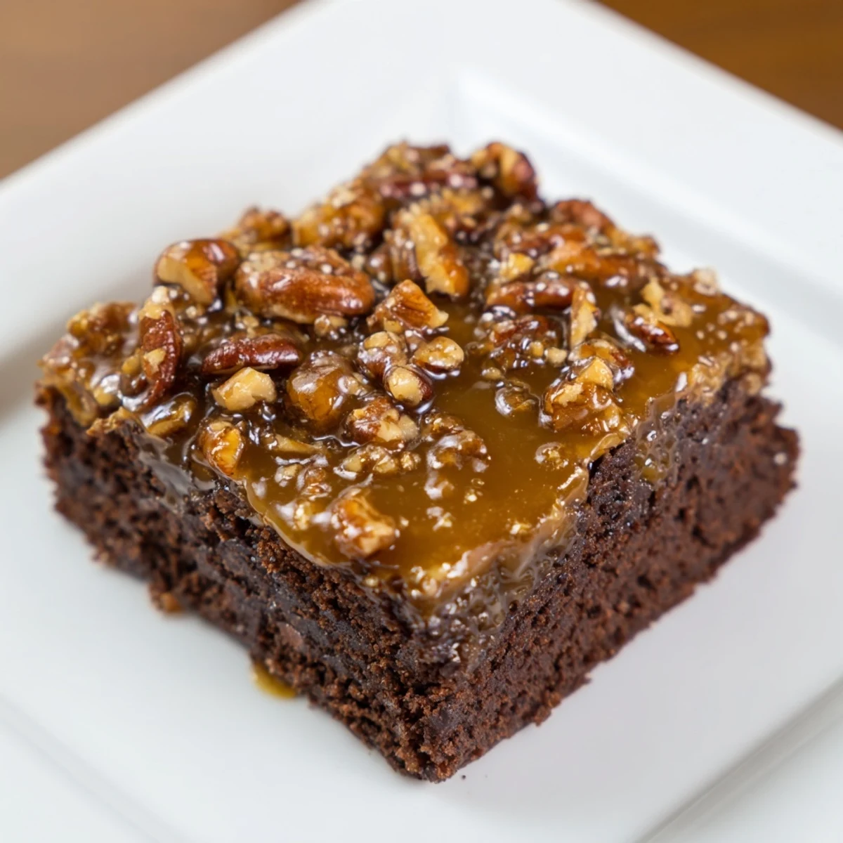 Sliced squares of New Orleans Praline Brownies show a moist chocolate interior and crunchy pecan topping, ready for serving.  