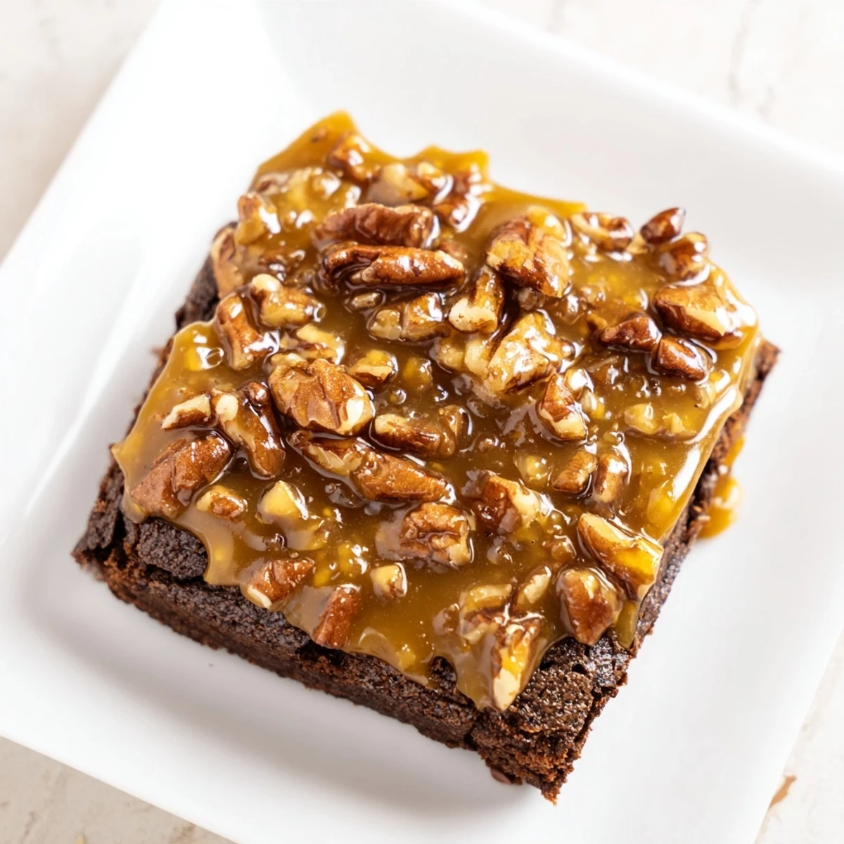 New Orleans Praline Brownies cooling on a wire rack with warm pecan glaze dripping down the sides.