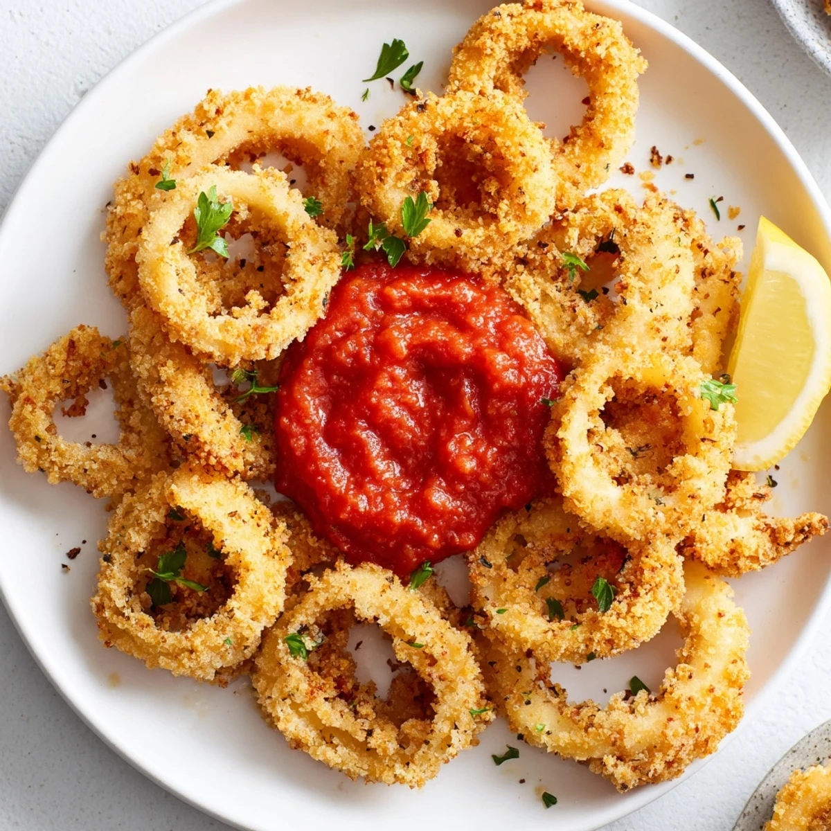 Golden crispy calamari rings served with a zesty homemade marinara sauce and fresh lemon wedges.