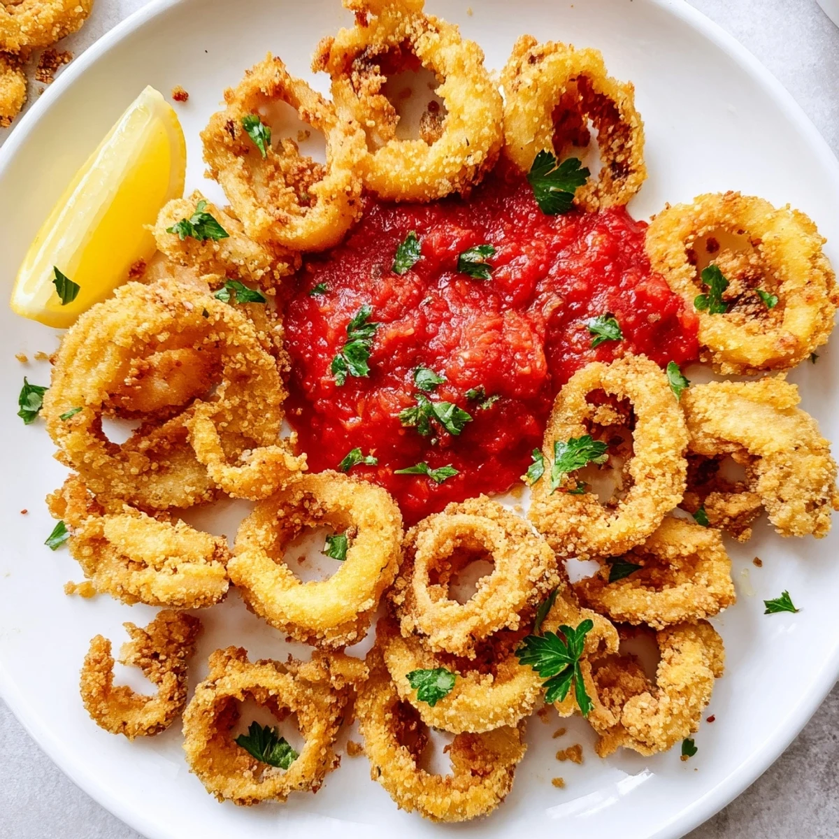 Homemade crispy calamari appetizer with tender rings and marinara, garnished with parsley and lemon.