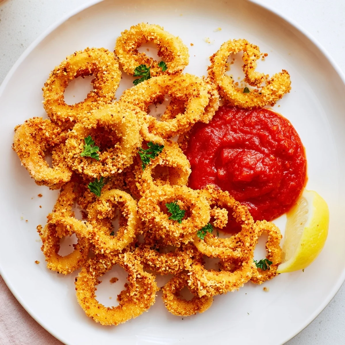 Freshly fried calamari coated in seasoned breading, accompanied by a robust Italian-style dipping sauce.