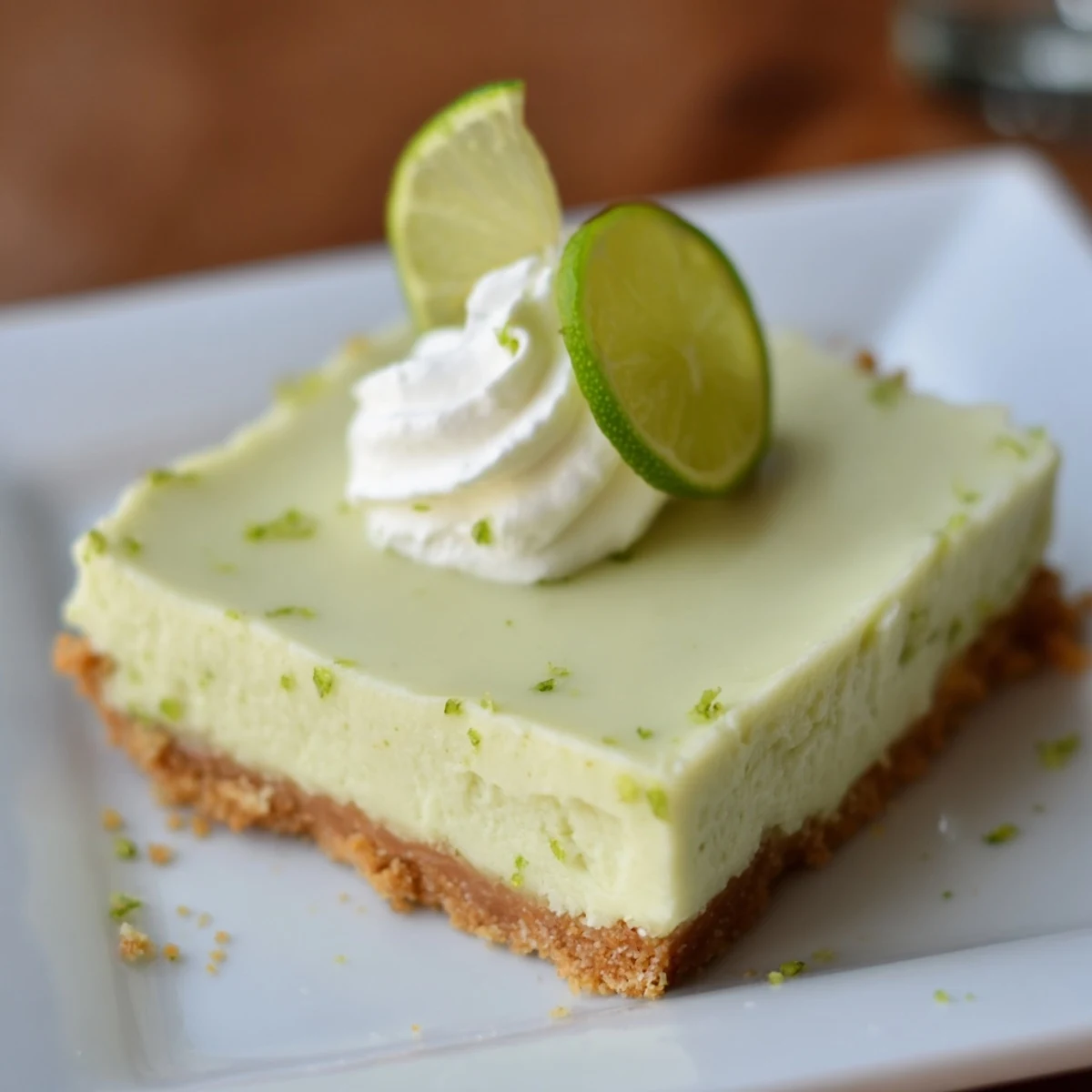 Key Lime Pie Bars on a white plate, garnished with whipped cream and lime zest for a sweet-tart finish.  