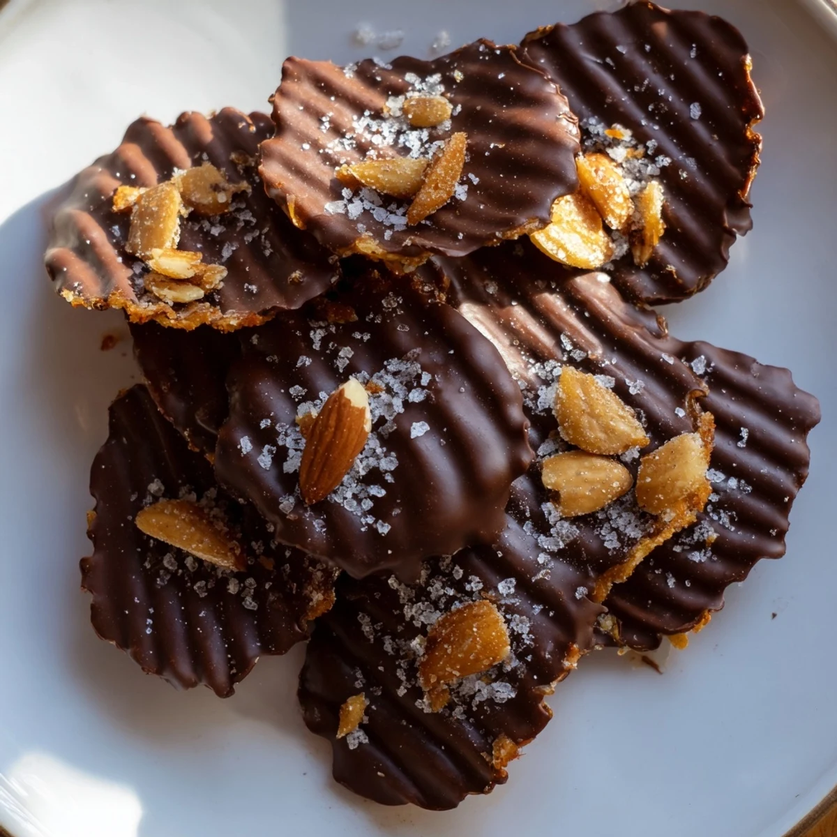 Crispy kettle-cooked potato chips half-dipped in glossy dark chocolate, sprinkled with flaky sea salt on a parchment-lined tray.  