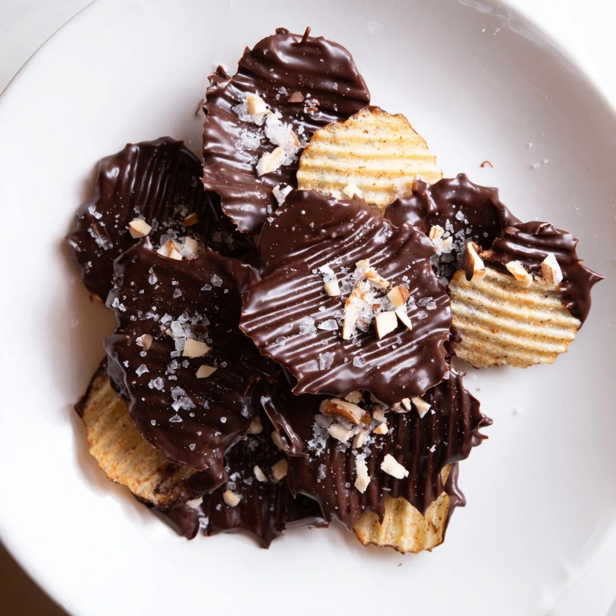Sweet and salty chocolate covered potato chips resting on a wire rack, ready to serve with sparkling wine.