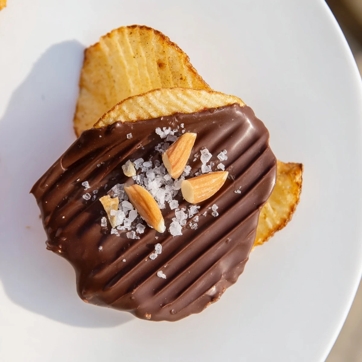 A close-up of golden potato chips coated in rich chocolate, studded with chopped toasted almonds and rainbow sprinkles.  