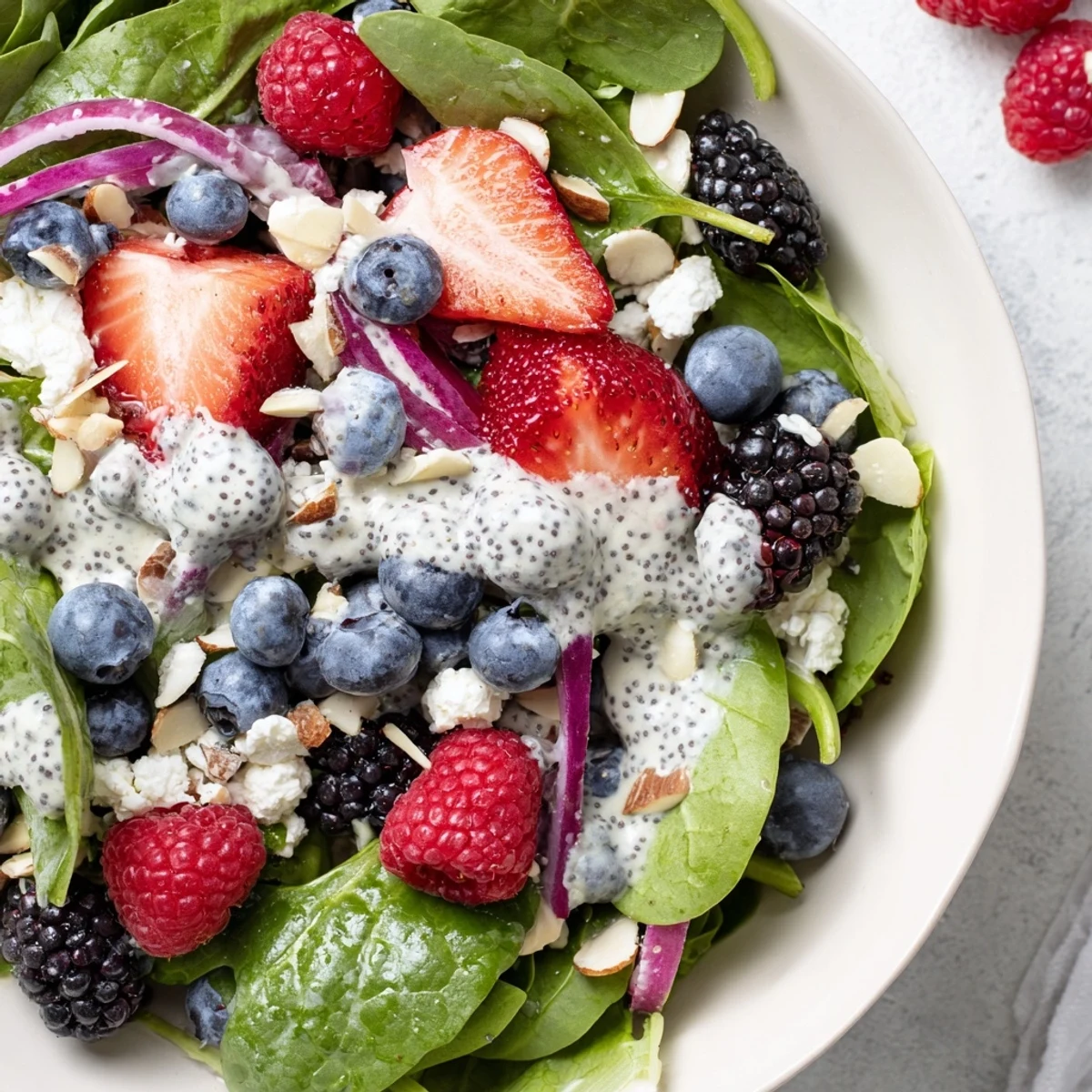Juicy raspberries and blackberries shine in this Berry Salad with Poppy Seed Dressing, garnished with toasted almonds and a creamy drizzle.