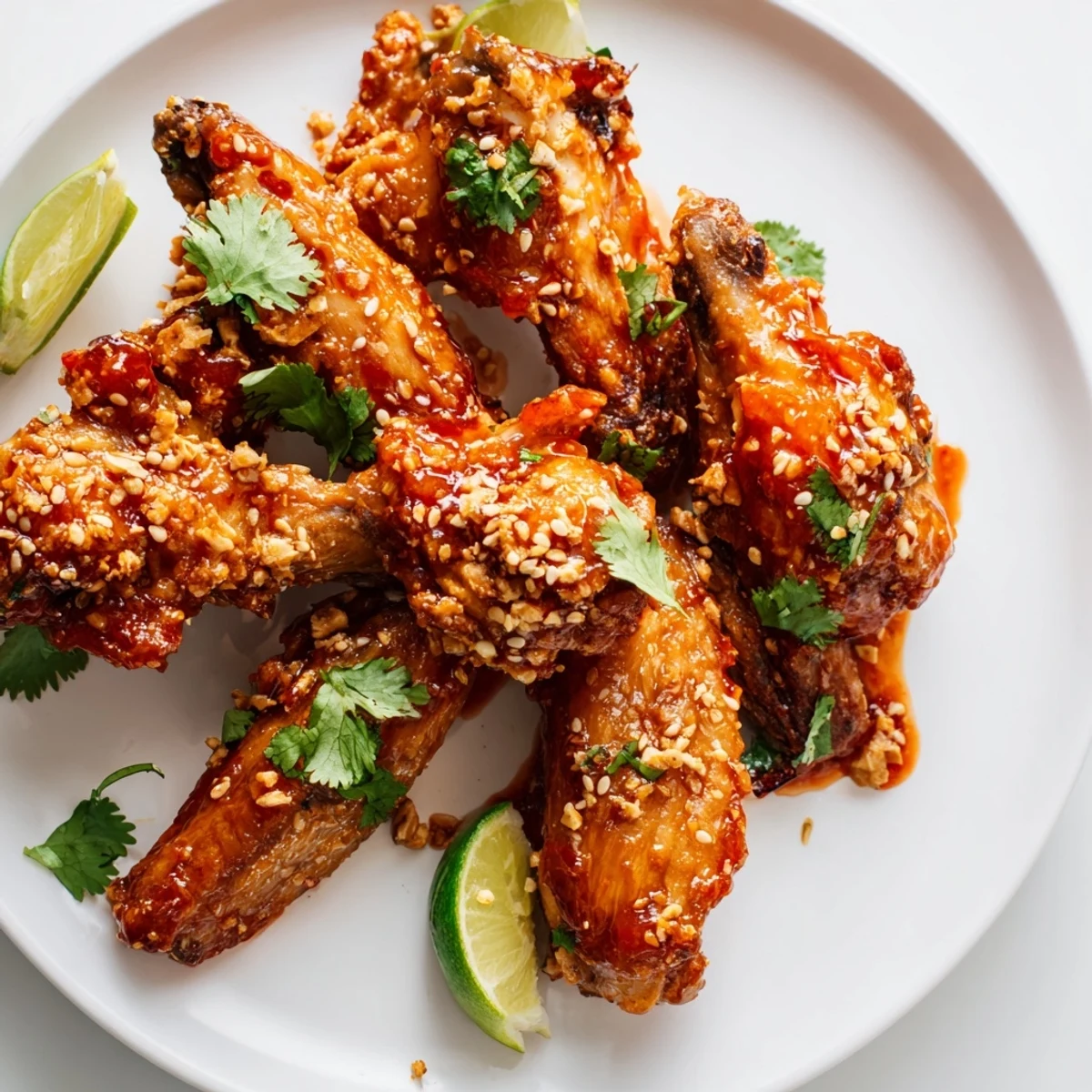 Crispy golden chicken wings tossed in a spicy Sriracha sauce, garnished with fresh cilantro and sesame seeds.