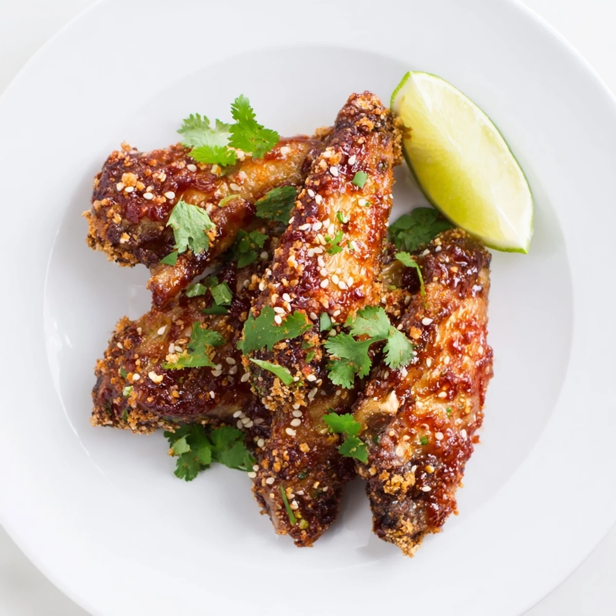 Freshly baked spicy Sriracha chicken wings on a platter with lime wedges, ready for game day appetizers.