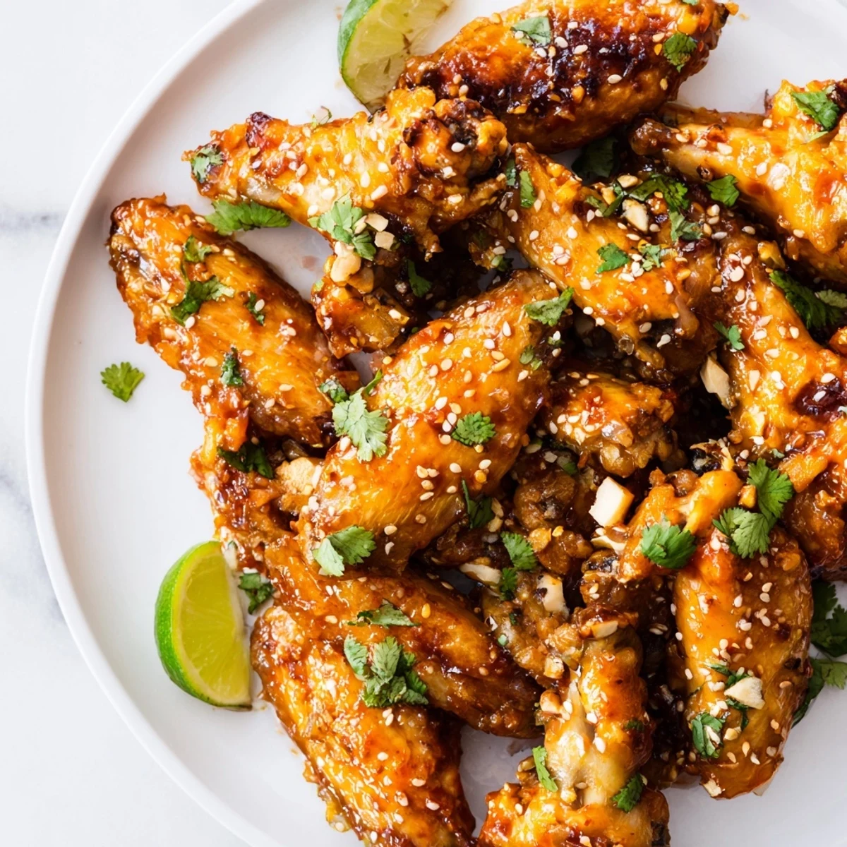 Gluten-free Spicy Sriracha Chicken Wings with a glossy, fiery sauce and toasted sesame seeds, served warm.