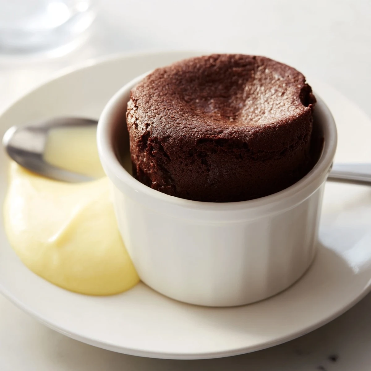 Freshly baked Chocolate Soufflé with Crème Anglaise being poured from a small pitcher for a glossy finish.