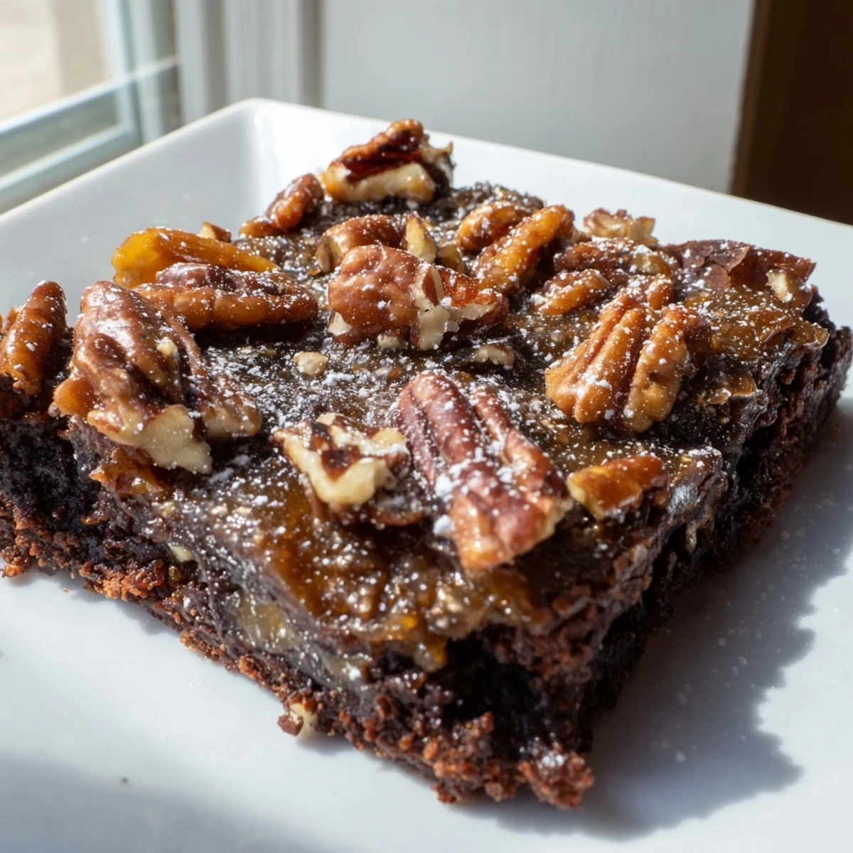 Fudgy New Orleans Praline Brownies with pecans topped with glossy caramel and toasted nuts.