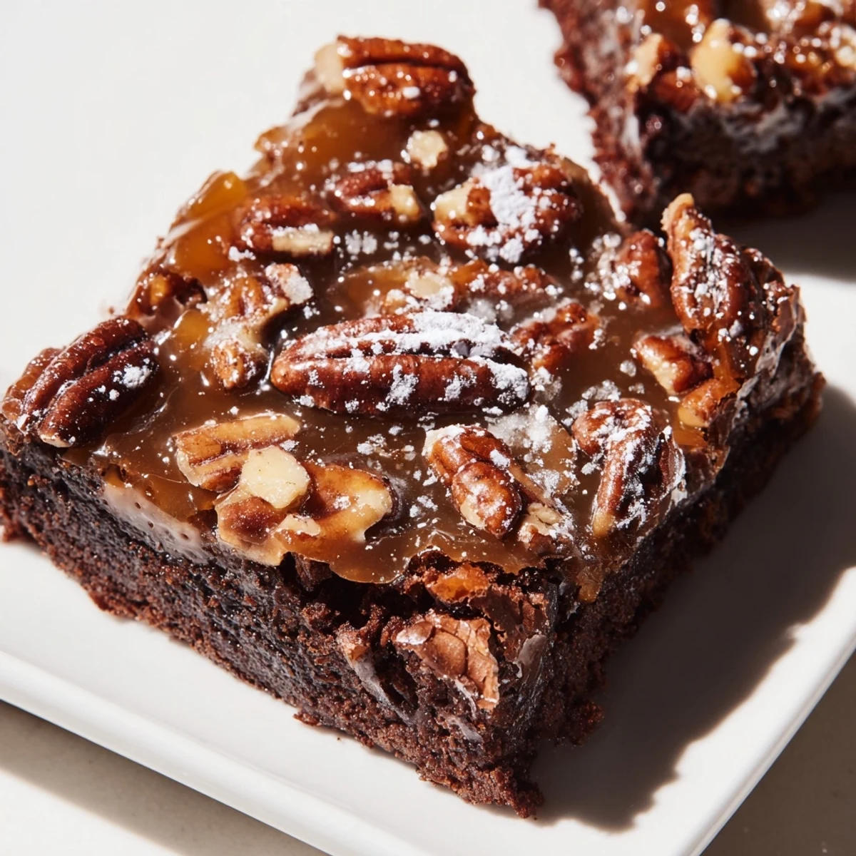 A square of warm New Orleans Praline Brownies served beside scoops of vanilla ice cream.