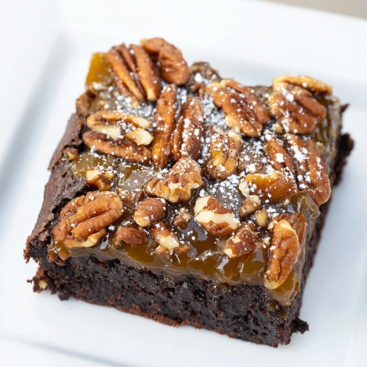 Gooey New Orleans Praline Brownies on a plate, pecan halves sprinkled over the luscious topping.