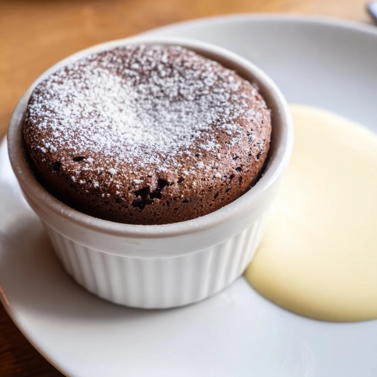 Freshly baked Chocolate Soufflé with Crème Anglaise rising high in a white ramekin, dusted with powdered sugar.