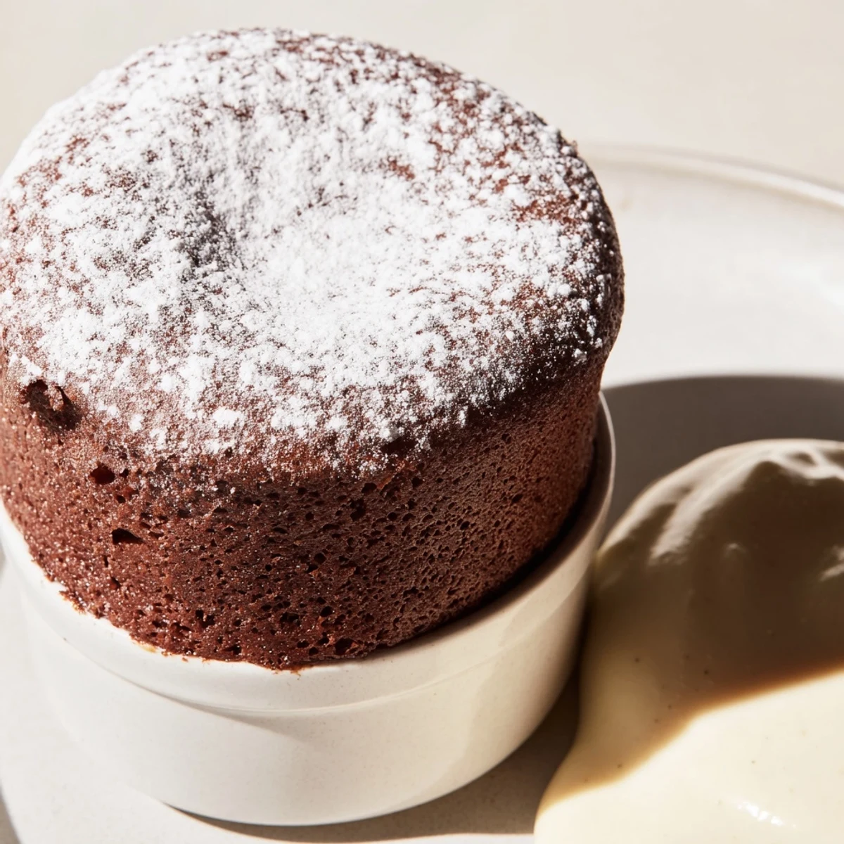 Golden-brown Chocolate Soufflé with Crème Anglaise waiting to be enjoyed, showing its rich, airy chocolate interior.