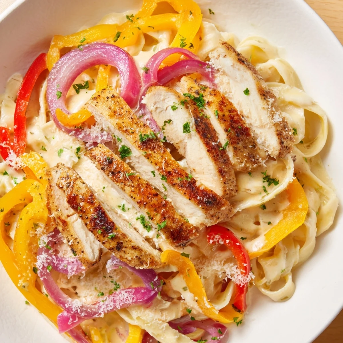 Creamy Cajun Chicken Pasta with sautéed bell peppers, topped with sliced chicken and fresh parsley, served on a white plate.
