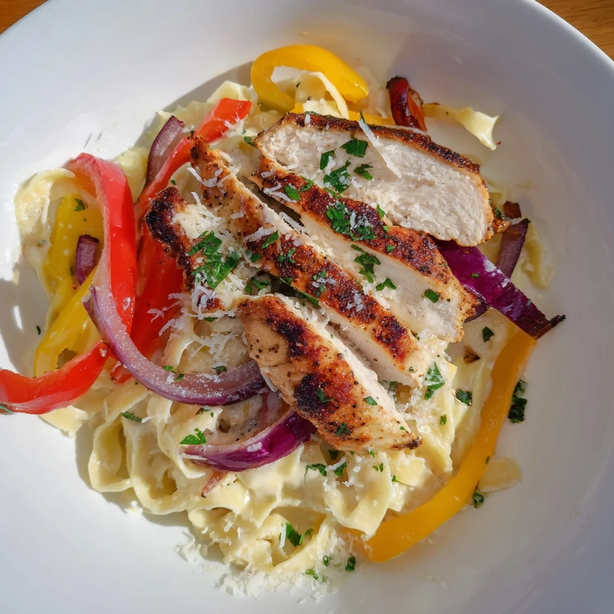 Cajun Chicken Pasta features golden seared chicken strips tossed with fettuccine and peppers in a rich, creamy Parmesan sauce.