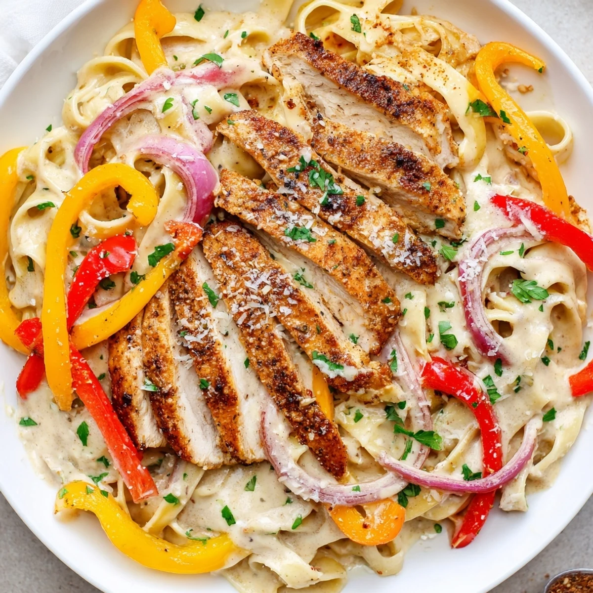 A skillet of Cajun Chicken Pasta with vibrant red and yellow bell peppers, garnished with parsley and extra Parmesan.