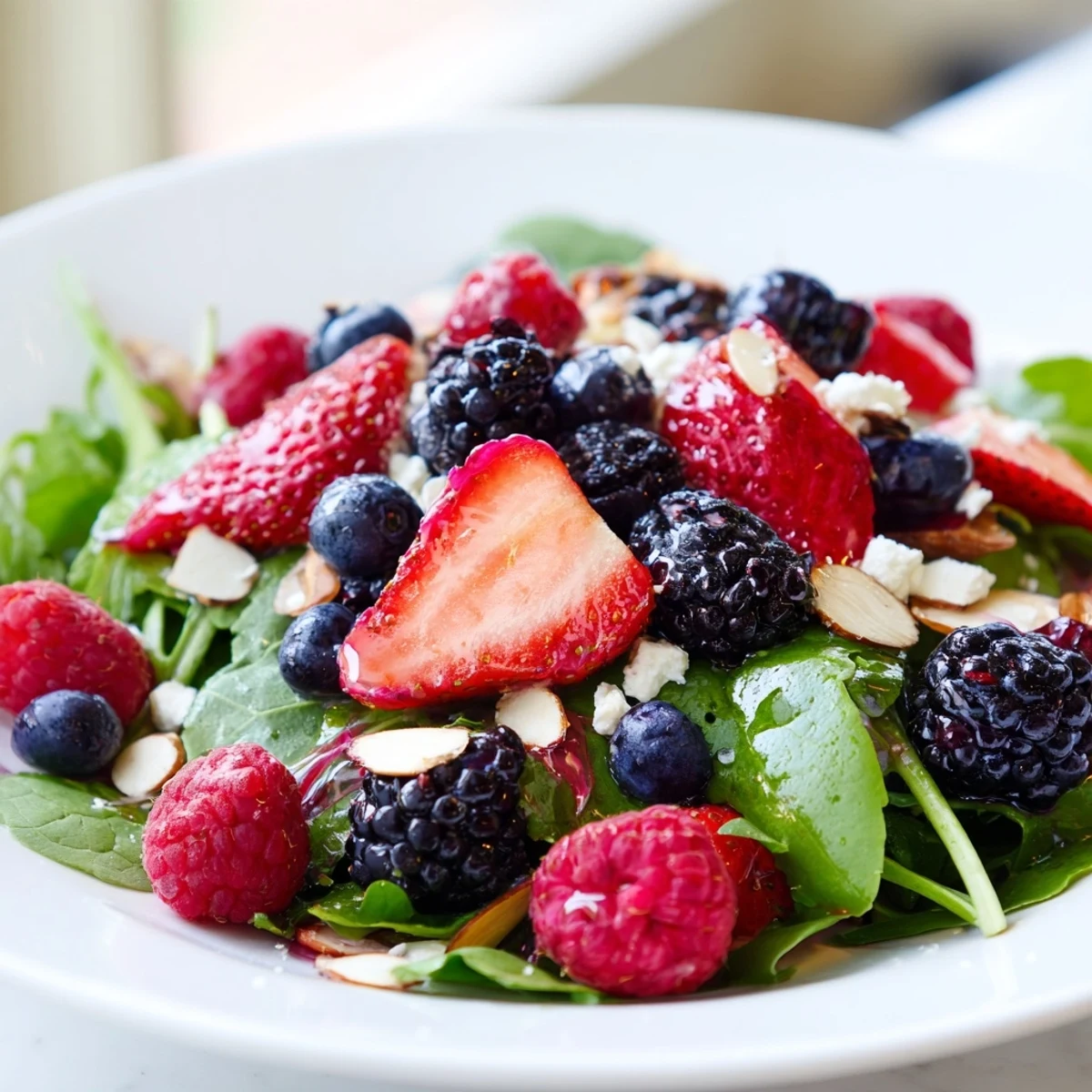 Freshly prepared Berry Salad with Poppy Seed Dressing served in a rustic white bowl, featuring colorful summer berries, greens, and a light, tangy dressing.