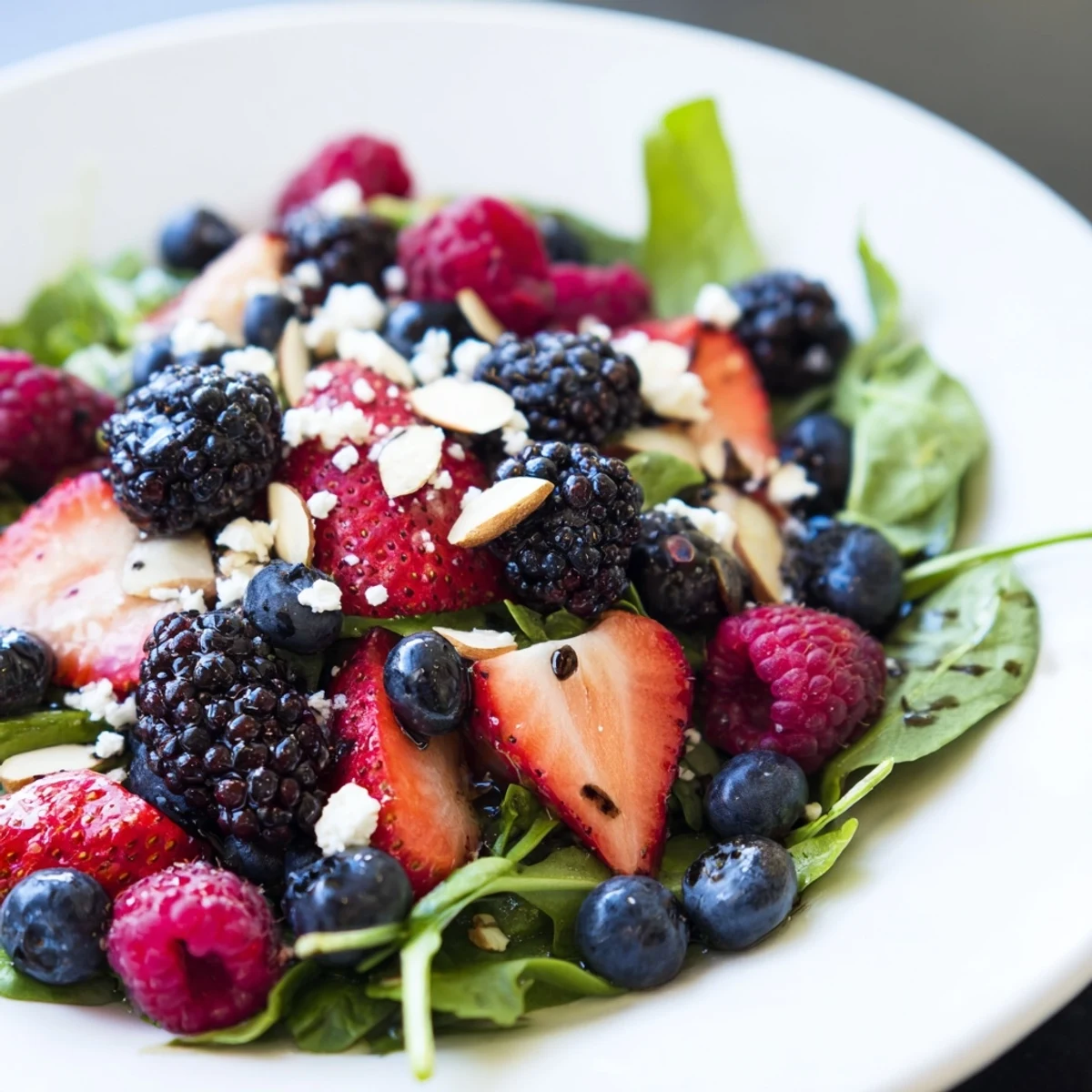 Juicy strawberries and blackberries mixed with crisp arugula and baby spinach, drizzled with creamy poppy seed dressing, sprinkled with almonds and optional feta cheese.