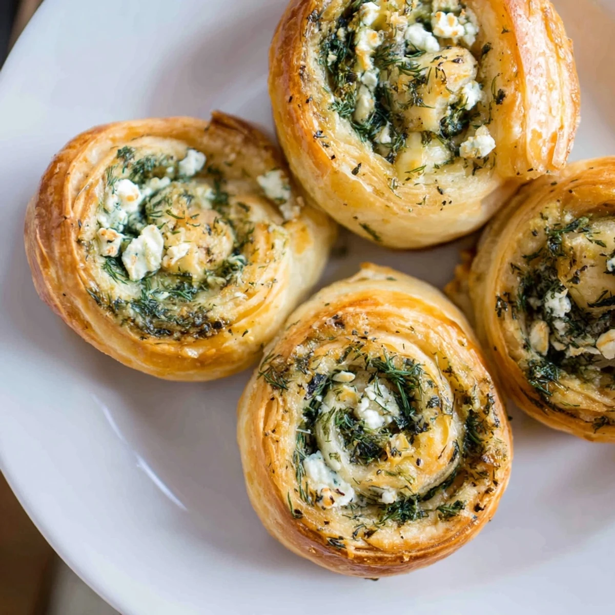 Golden-baked Spinach and Feta Puff Pastry Pinwheels show flaky layers on a rustic wooden board.