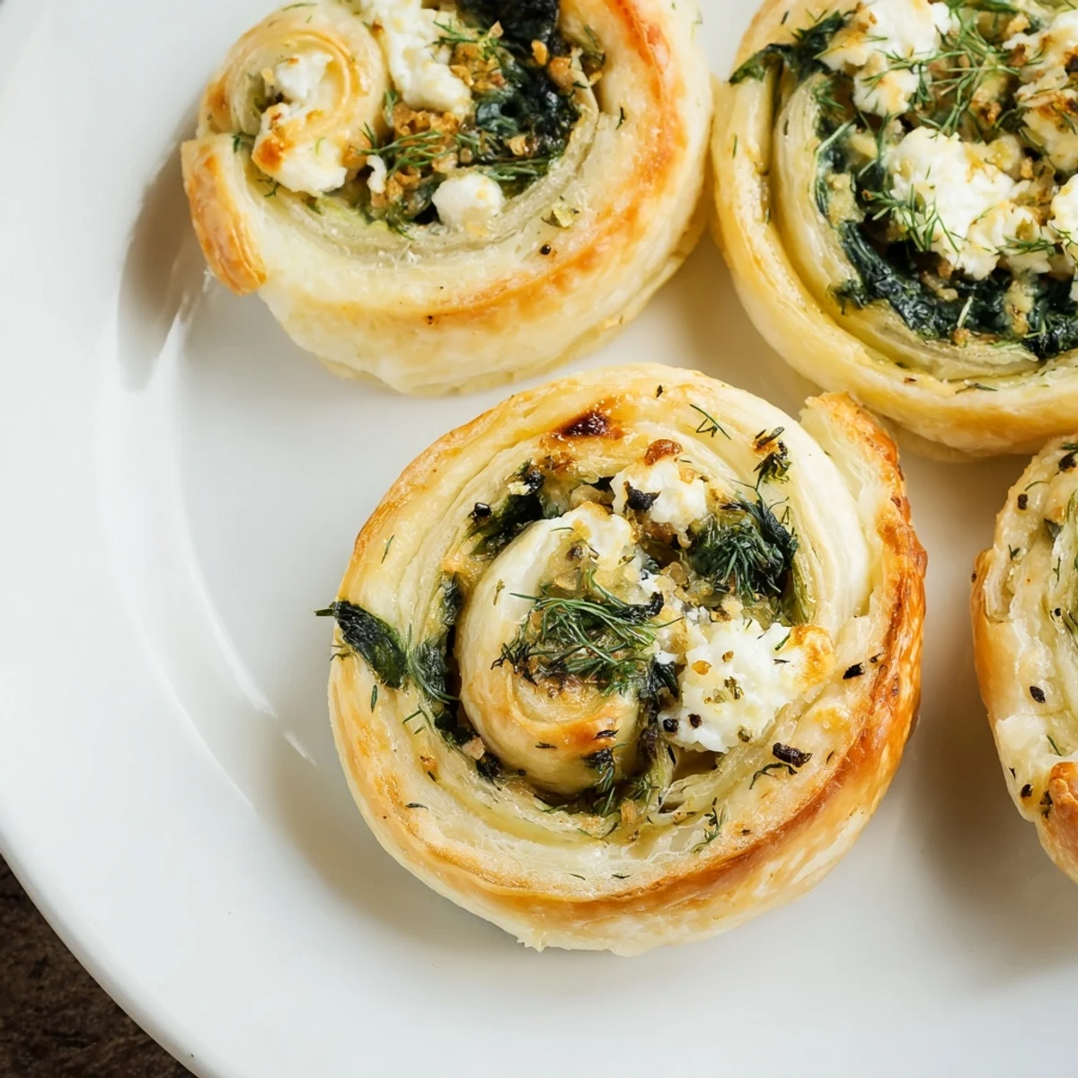 Up close, Spinach and Feta Puff Pastry Pinwheels reveal vibrant green filling and crisp edges.