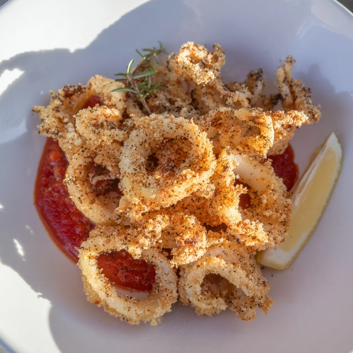 Golden rings of Crispy Calamari with Marinara Dipping Sauce, crunchy on the outside, tender inside, ready for a delicious dip.