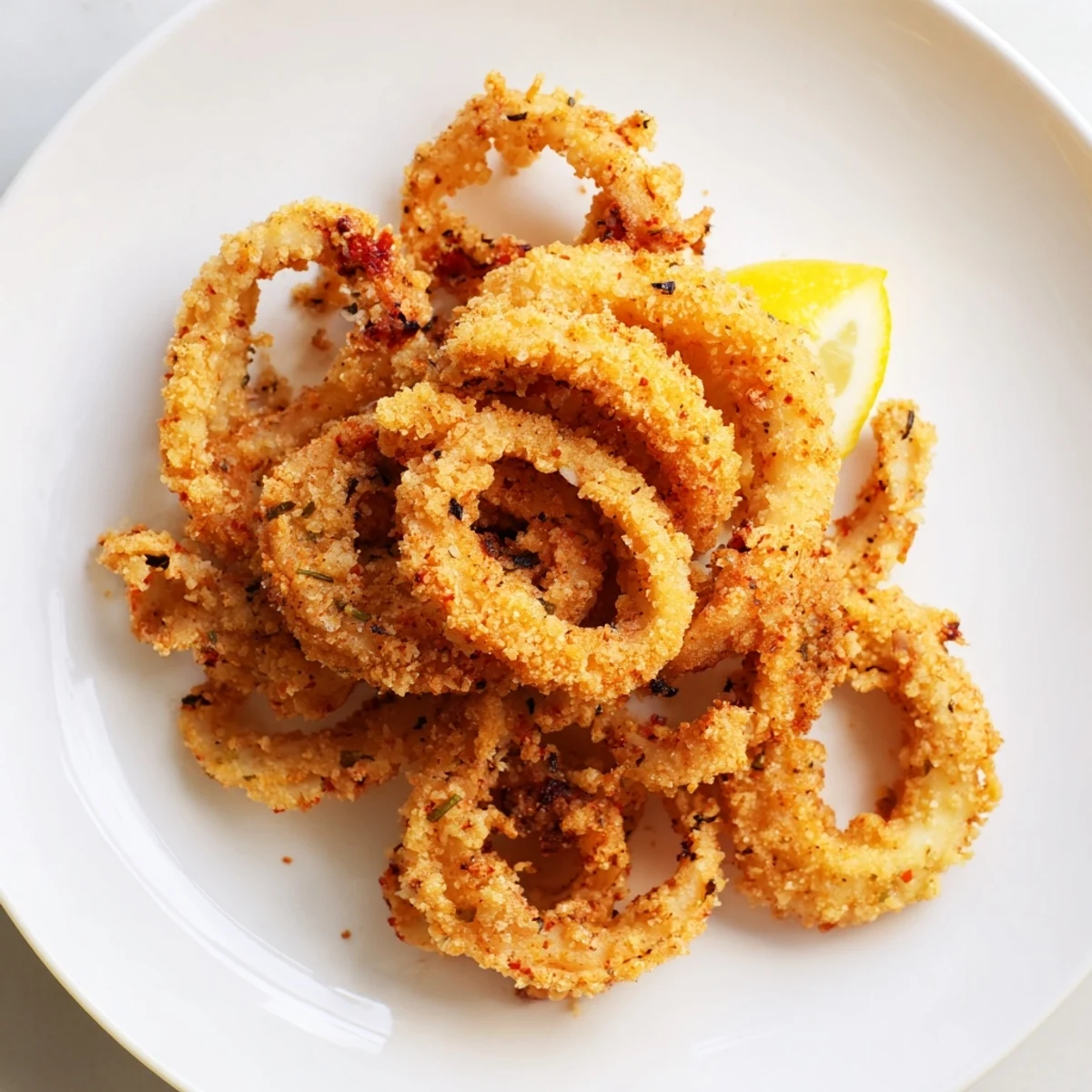 Freshly fried Crispy Calamari with Marinara Dipping Sauce, served hot with lemon wedges for a classic Italian appetizer.