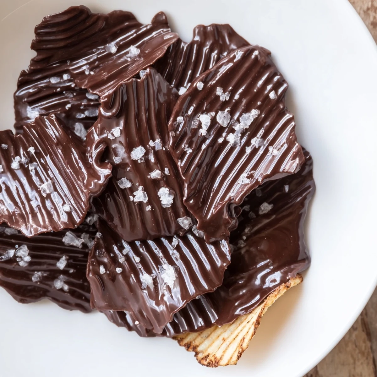 Golden-brown kettle chips half-dipped in glossy dark chocolate, sprinkled with flaky sea salt, resting on a parchment-lined baking sheet.