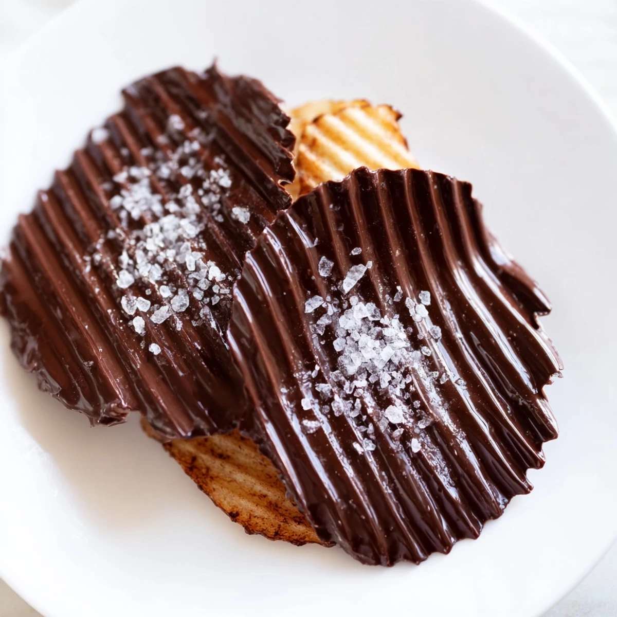 Close-up of a single chocolate covered potato chip with sea salt, highlighting the crunchy ridges and rich dark chocolate coating.