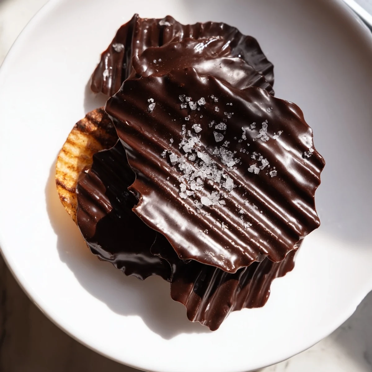 Crispy chocolate covered potato chips with sea salt stacked on a white plate, showcasing the sweet and salty snack contrast.