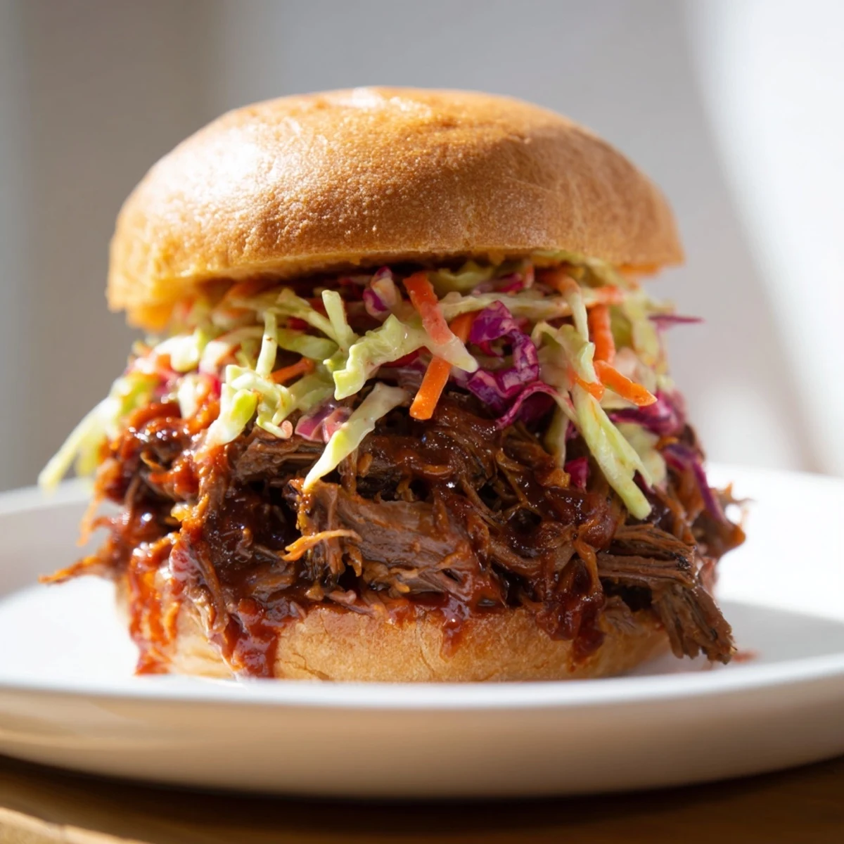 Tender, slow-cooked brisket piled high on soft slider buns, drenched in smoky BBQ sauce.