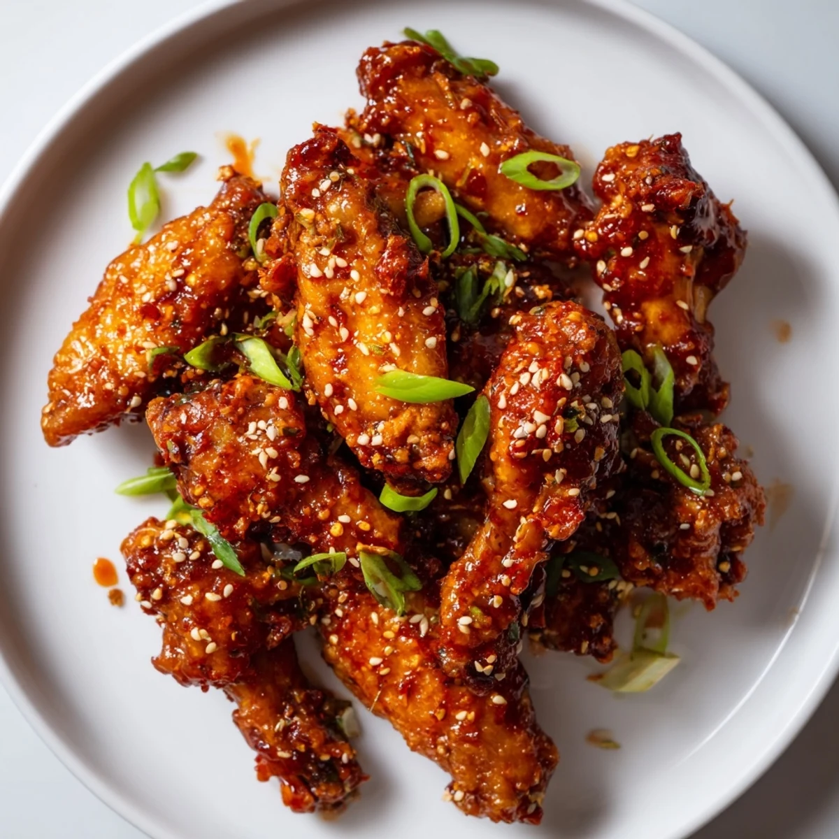 Golden-baked Spicy Sriracha Chicken Wings glistening with sticky glaze, topped with sesame seeds and fresh onions on a platter.
