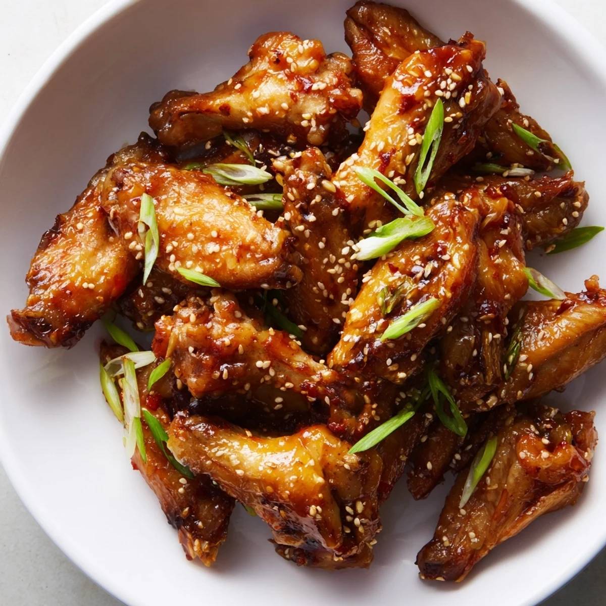 Hot Spicy Sriracha Chicken Wings piled high on a platter, garnished with toasted sesame seeds and sliced green onions.