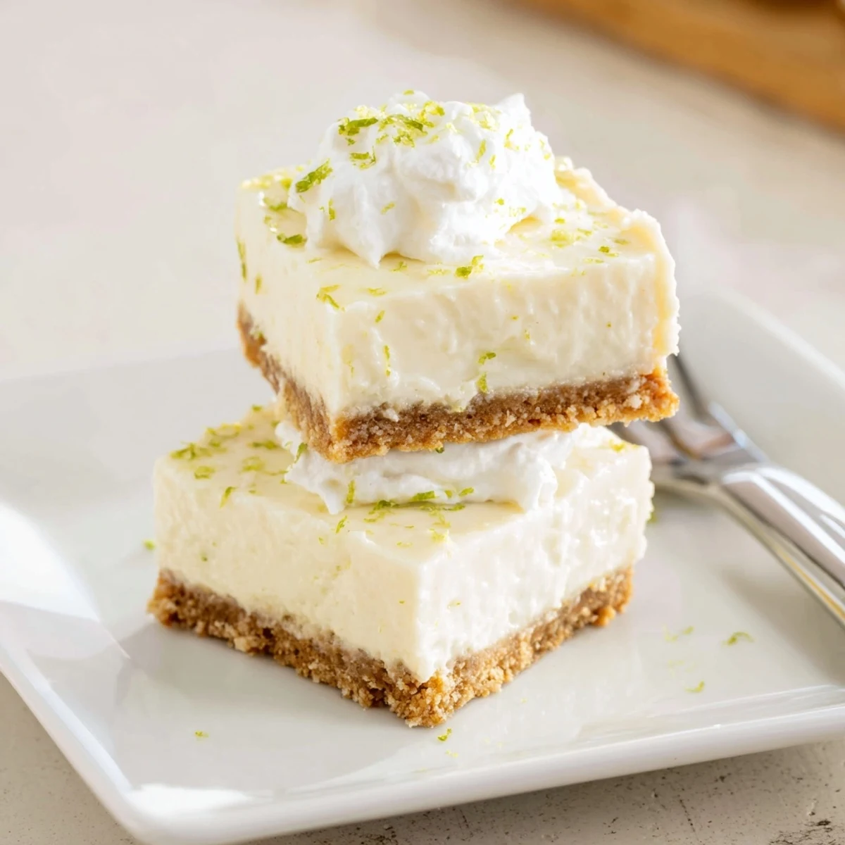 Individual Key Lime Pie Bars are garnished with whipped cream and lime zest on a marble surface.