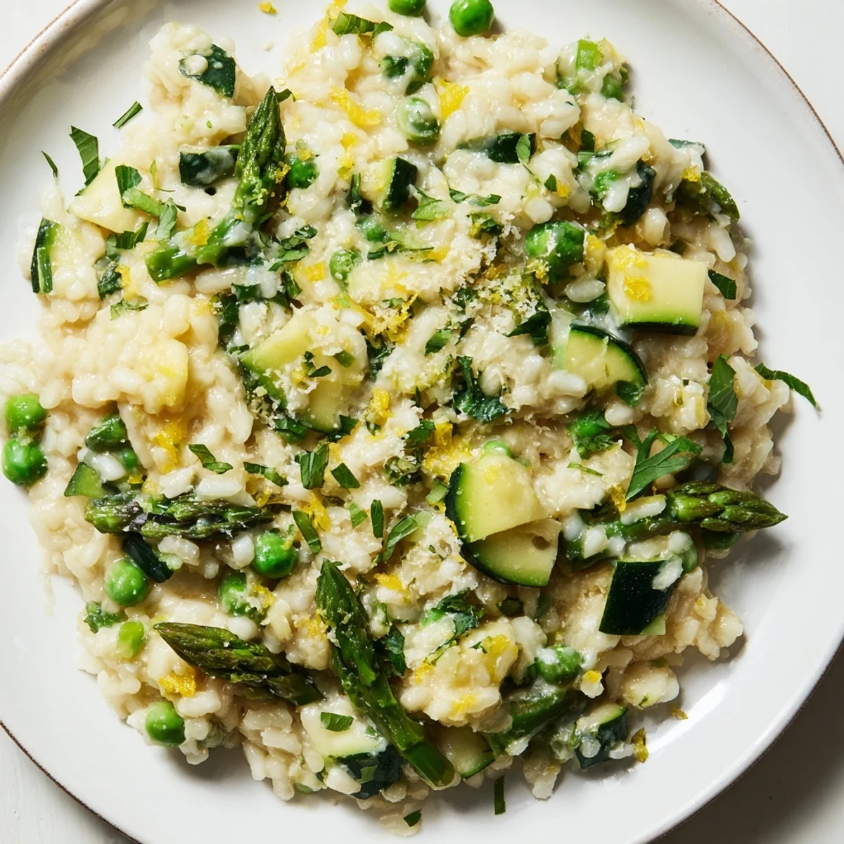 Close-up view of Spring Vegetable Risotto in a white bowl, showing tender zucchini, spinach, and a swirl of melted Parmesan cheese.