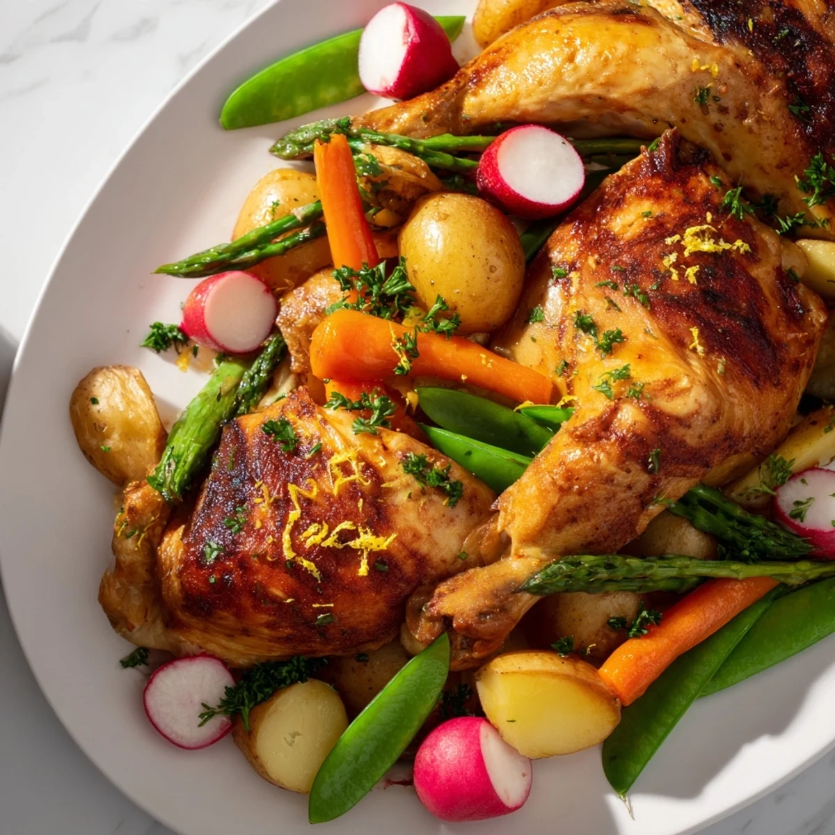 Sliced roasted chicken and colorful spring vegetables, garnished with fresh parsley and lemon zest, ready to serve.