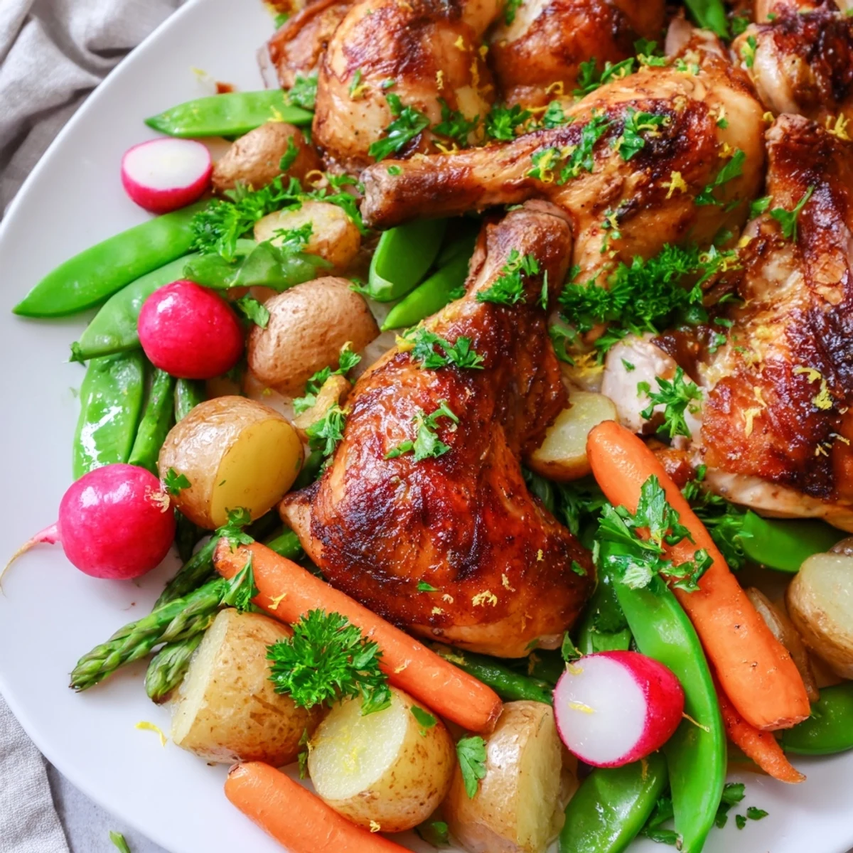 Juicy herb-roasted chicken surrounded by vibrant spring vegetables like carrots, radishes, and peas on a rustic platter.  