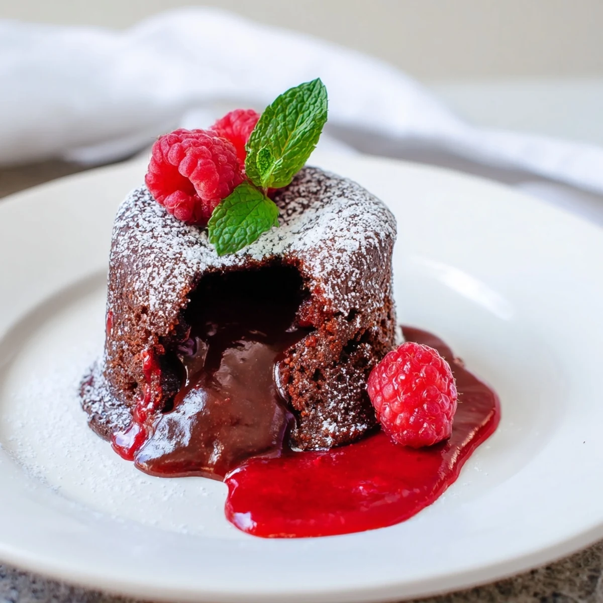 Elegant chocolate lava cakes with gooey centers stand on white plates, a swirl of bright raspberry coulis adding a tangy finish.