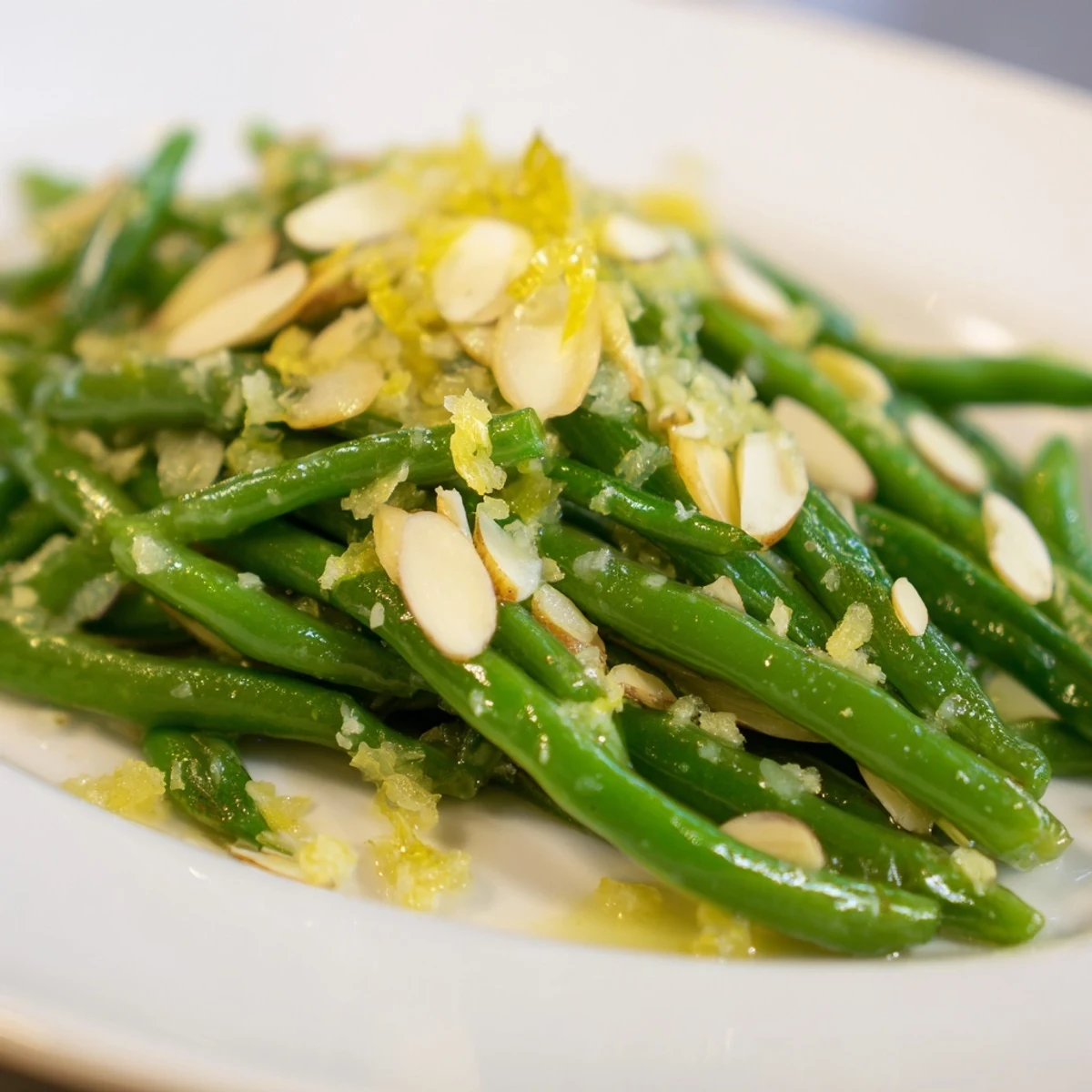 Crisp-tender Green Beans with Toasted Almonds and Lemon, served warm as a bright, healthy side dish.