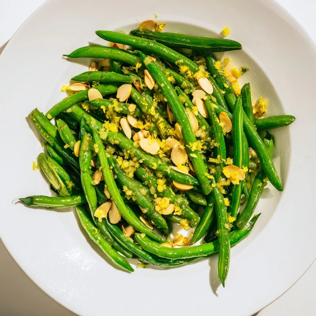 A close-up of vibrant Green Beans with Toasted Almonds and Lemon glistening with lemon juice and buttery flakes.