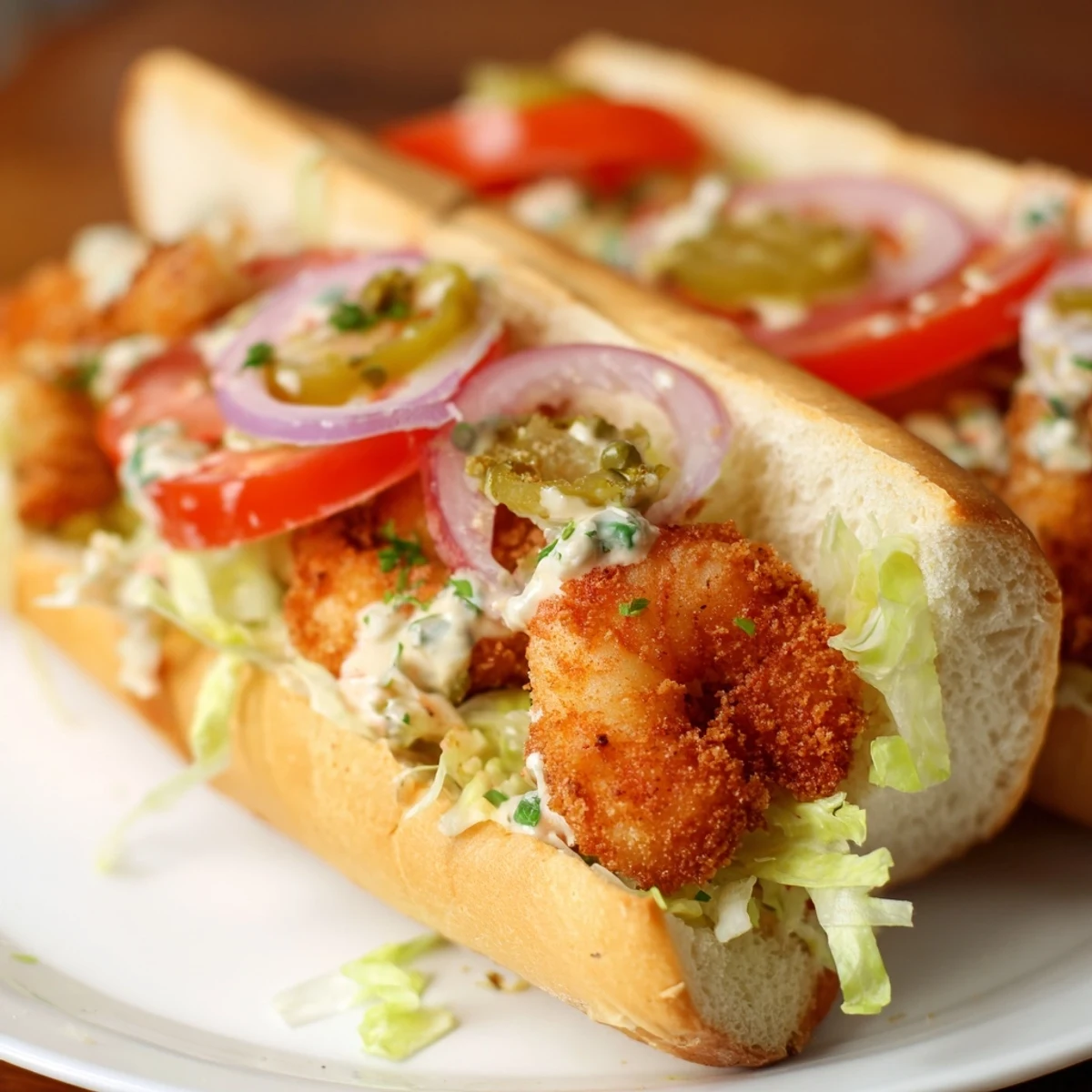 Crispy fried shrimp nestled in a crusty baguette with lettuce, tomato, and homemade remoulade for a festive Mardi Gras treat.