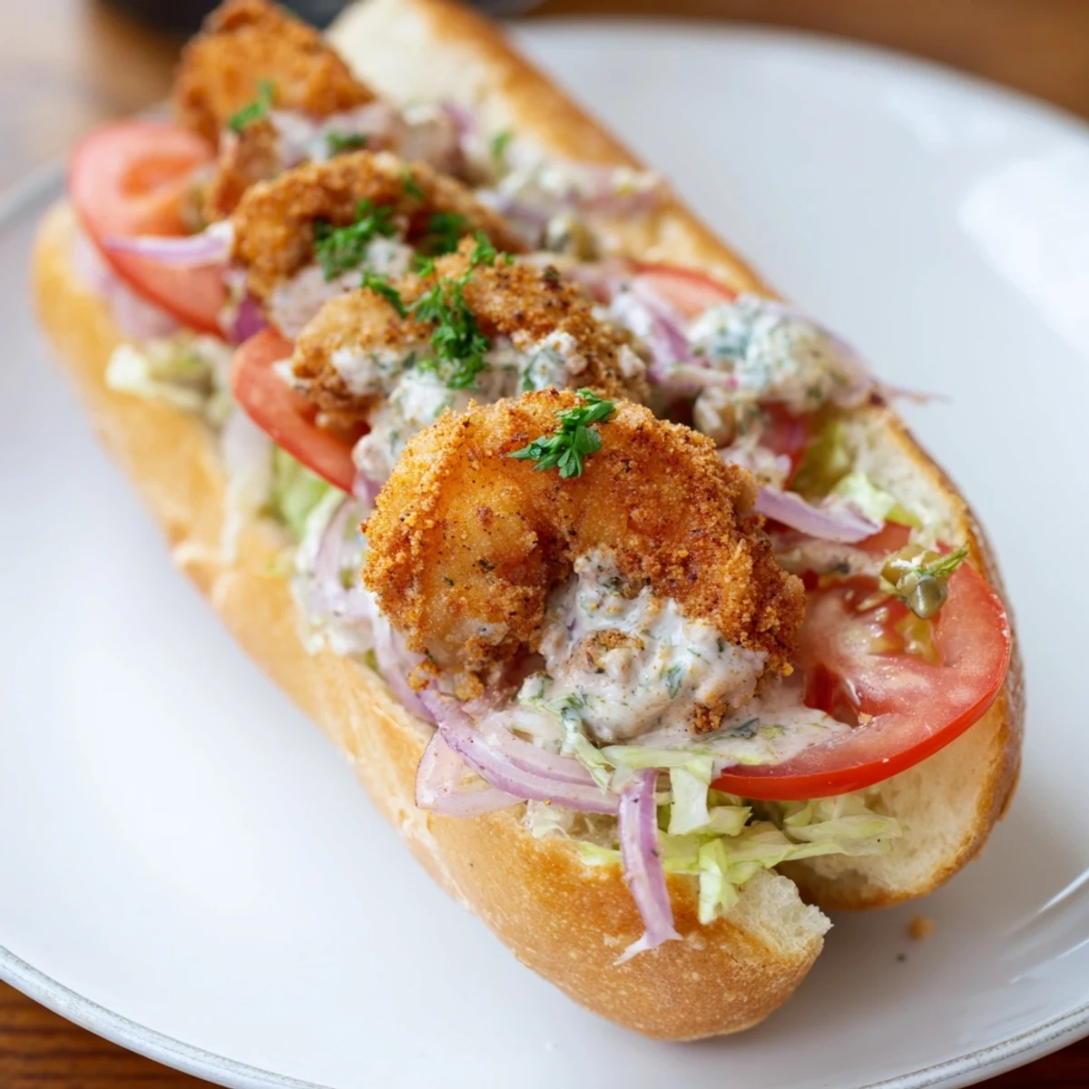 Spicy Cajun shrimp piled high on a fresh sub roll, topped with tangy remoulade and crisp vegetables.