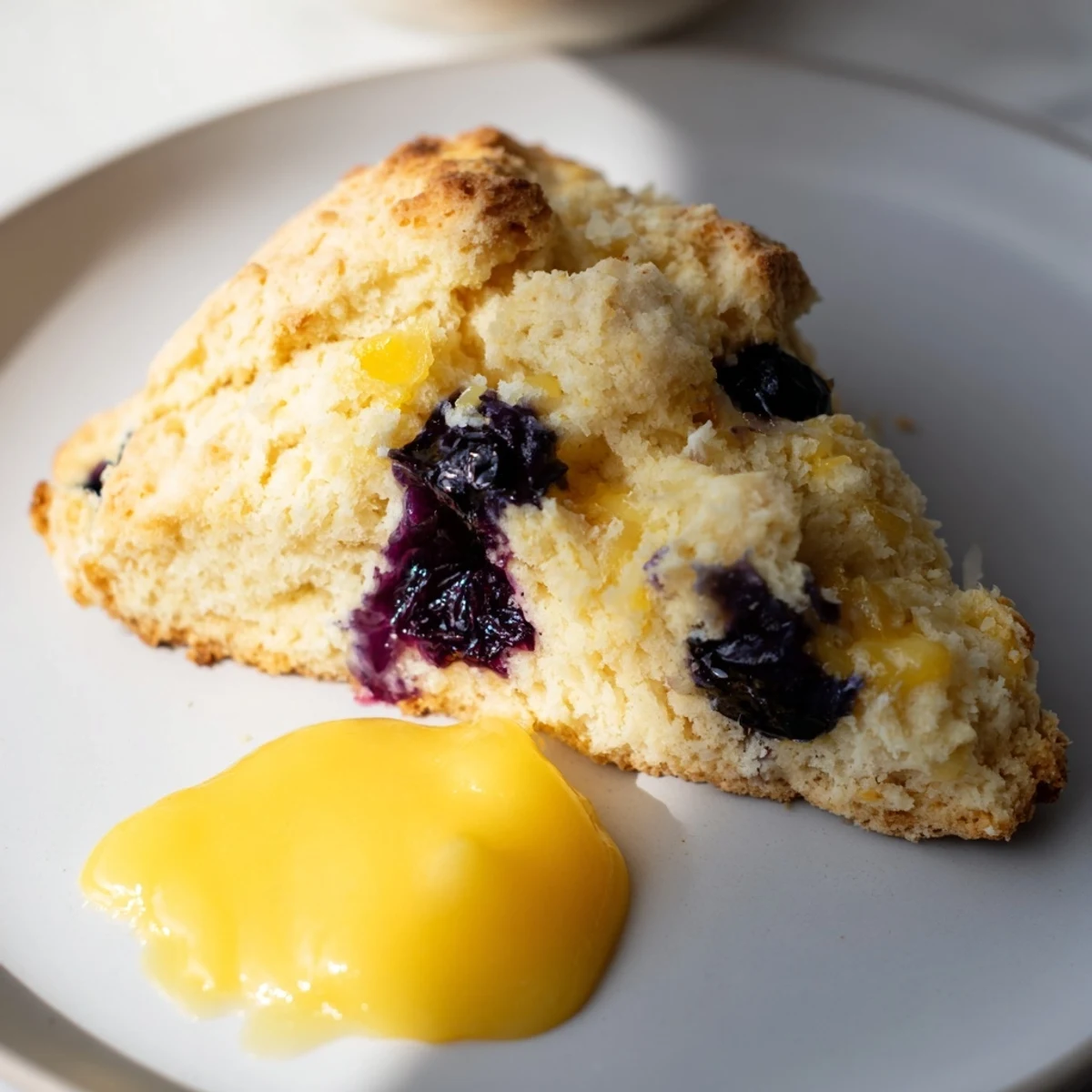Golden-brown Lemon Blueberry Scones with Lemon Curd, featuring juicy blueberries and a drizzle of tangy, homemade lemon curd on a rustic plate.