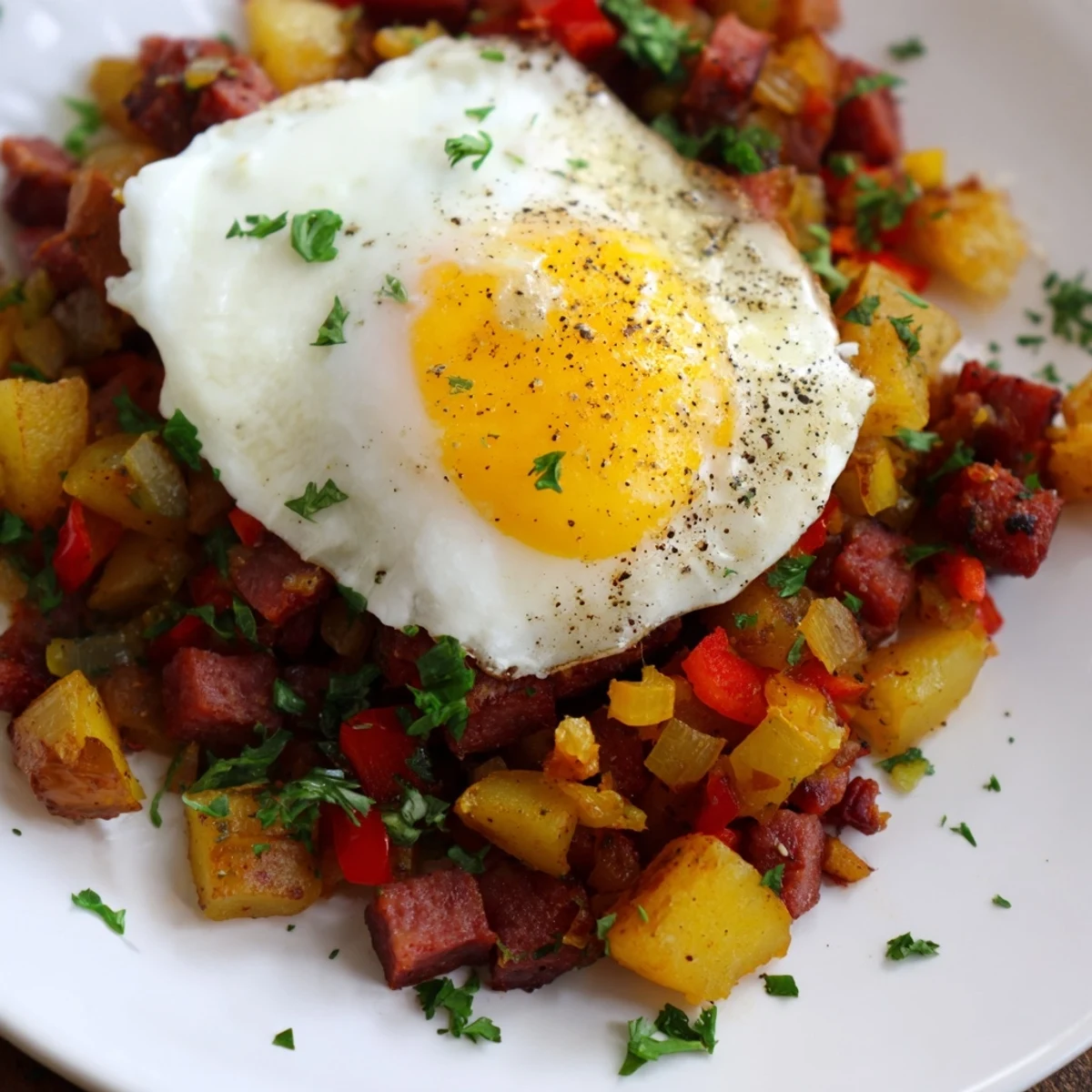 A hearty American breakfast skillet of savory corned beef hash, diced red peppers, and fresh parsley, topped with perfectly poached eggs.  