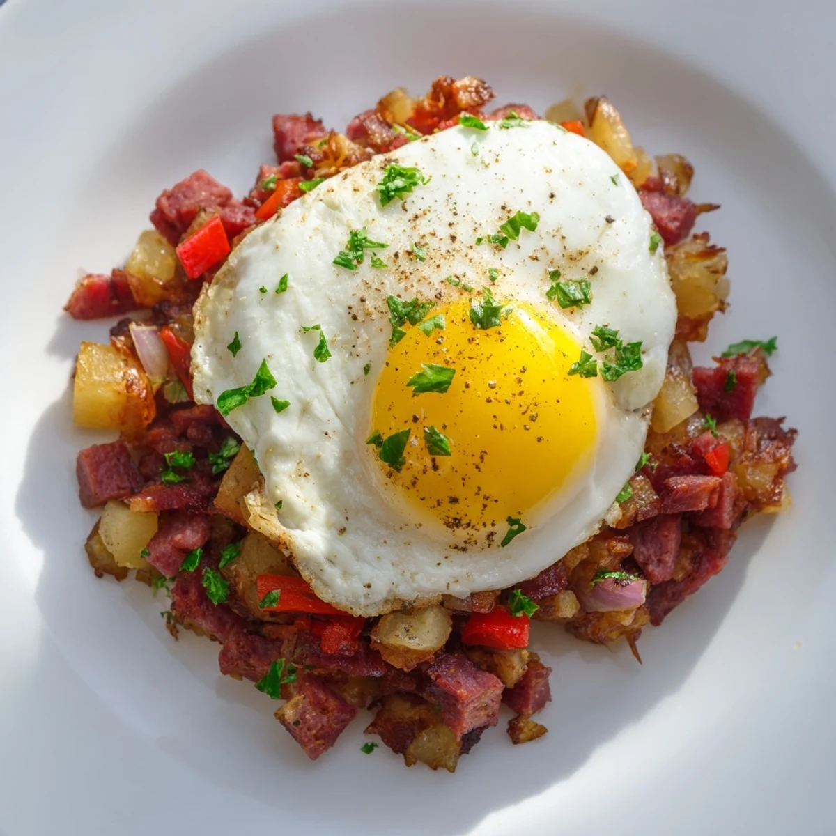 Golden crispy corned beef hash with tender potatoes and onions, crowned by two softly poached eggs with runny yolks on a white plate.  