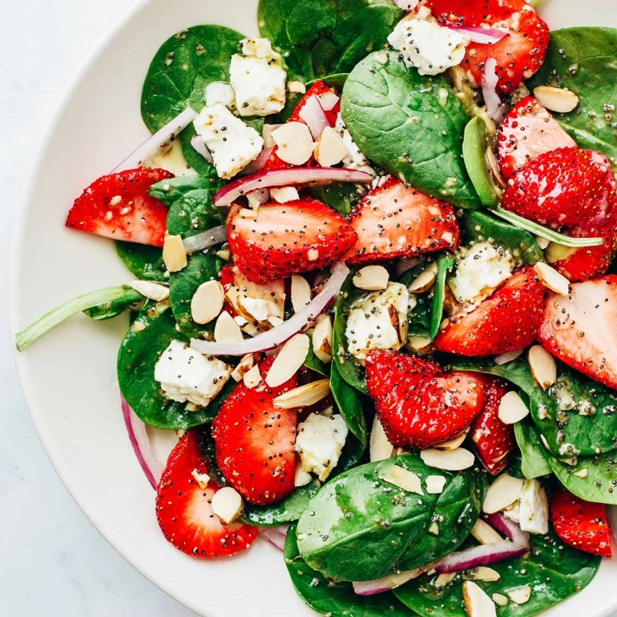Fresh baby spinach and sliced strawberries tossed in tangy poppy seed dressing with crumbled feta and toasted almonds for a bright spring salad.  